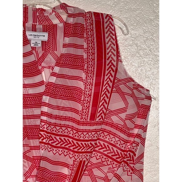 Liz Claiborne Petite PM Red White Sleeveless Printed Wrap Sheer Lightweight - Picture 7 of 14